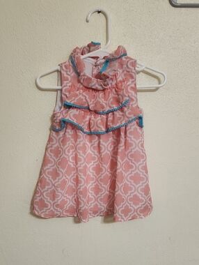 Girls Pink Patterned Ruffle Tank Top with Blue Trim